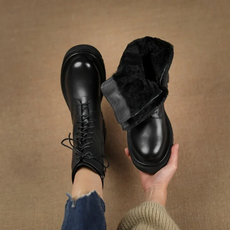 NEW Winter Boots Women Warm Wool Platform Shoes Leather Shoes for Women Round Toe Chunky Boots Black Snow Boots Women Fur Boots