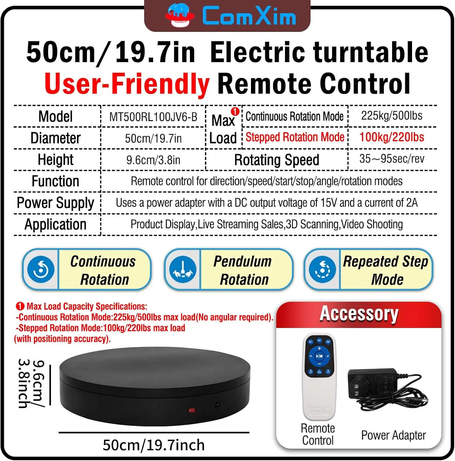19.7In Remote Large Motorized electric turntable Rotating platform Photography Turntable Motorized lazy susan Base giratoria par
