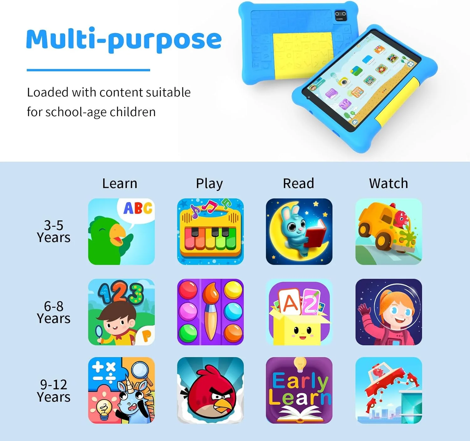 Freeski-Tablette Android 12 pour enfants, écran HD 7 pouces, 2 Go de RAM, 32 Go de ROM, Dean, façade, processeur Core, Kidoz pré-installé