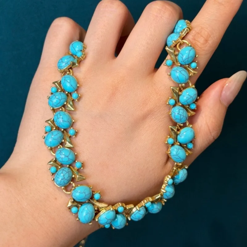 Vintage Flower Fruit Pearl Turquoise Jewelry Sets Luxury Natural Stone For Woman Necklace Bracelet Earrings Wedding Party Gift