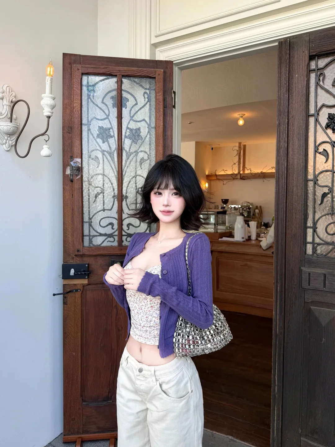 

Korean Style Purple Texture Knitted Short Fit Women's Cardigan Spring Summer Floral Camisole Inner Wear Sexy Top Button up