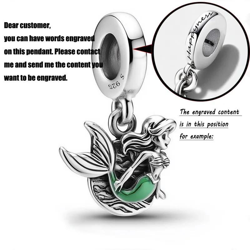ปรับแต่งจี้ S925 Sterling Silver Charm Disney Mermaid แกะสลักลูกปัดผู้หญิง DIY สร้อยข้อมือเครื่องประดับ Fine