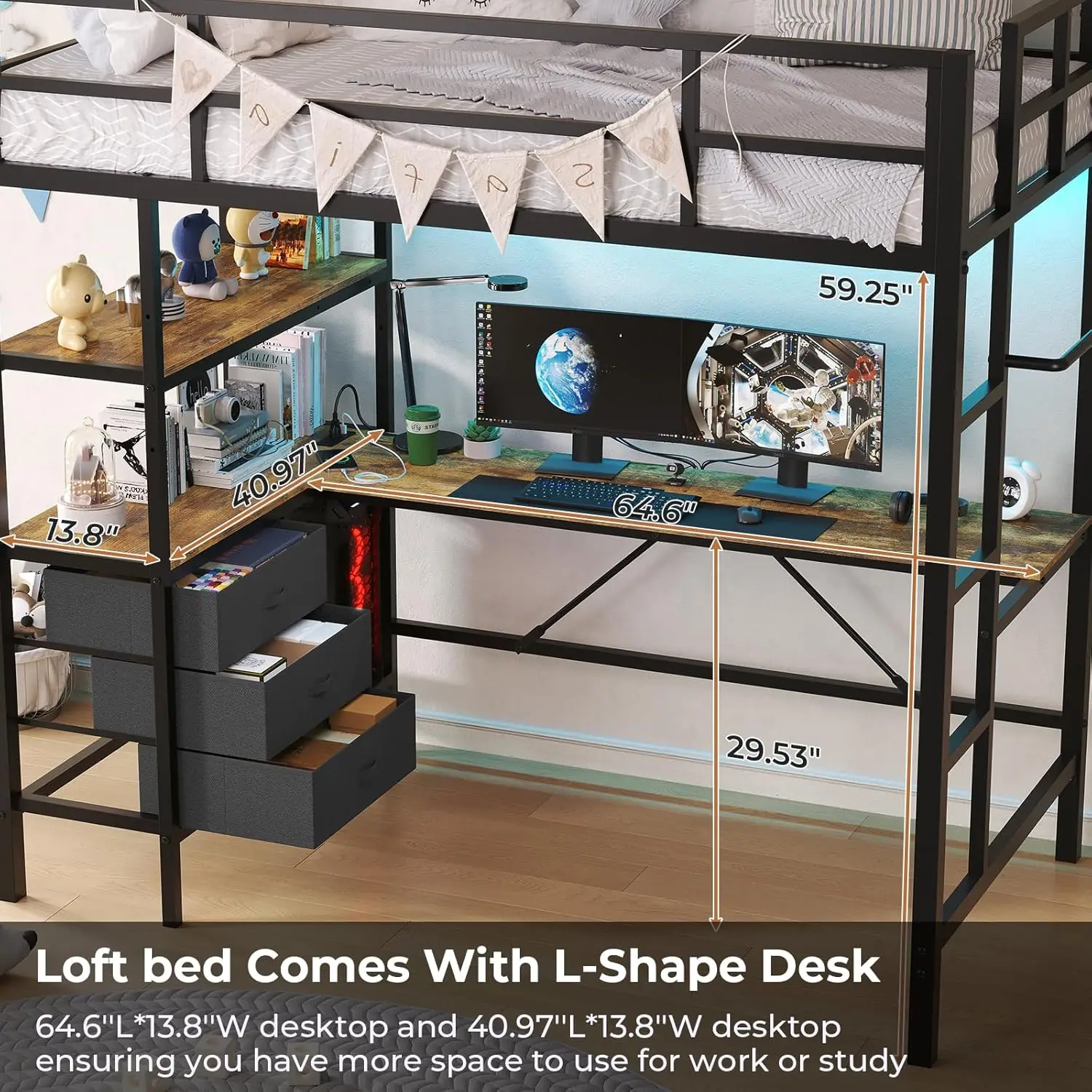 Twin Metal Loft Bed with L-Shaped Desk, LED Lights,Charging Station LED Loft Bed Frame Twin Size with 3 Storage Shelves a