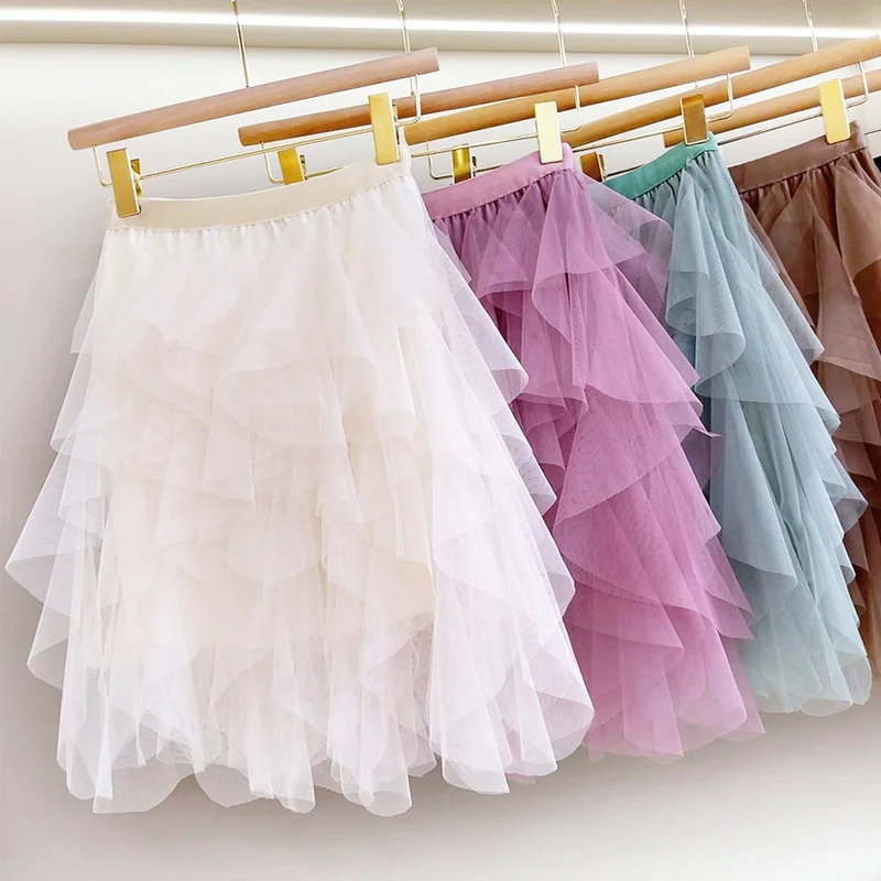 

OHRYIYIE Solid Tiered Tulle Mini Skirt for Women Spring Summer Fashion Korean Short Mesh Boho Skirt Female High Waist Tutu Skirt