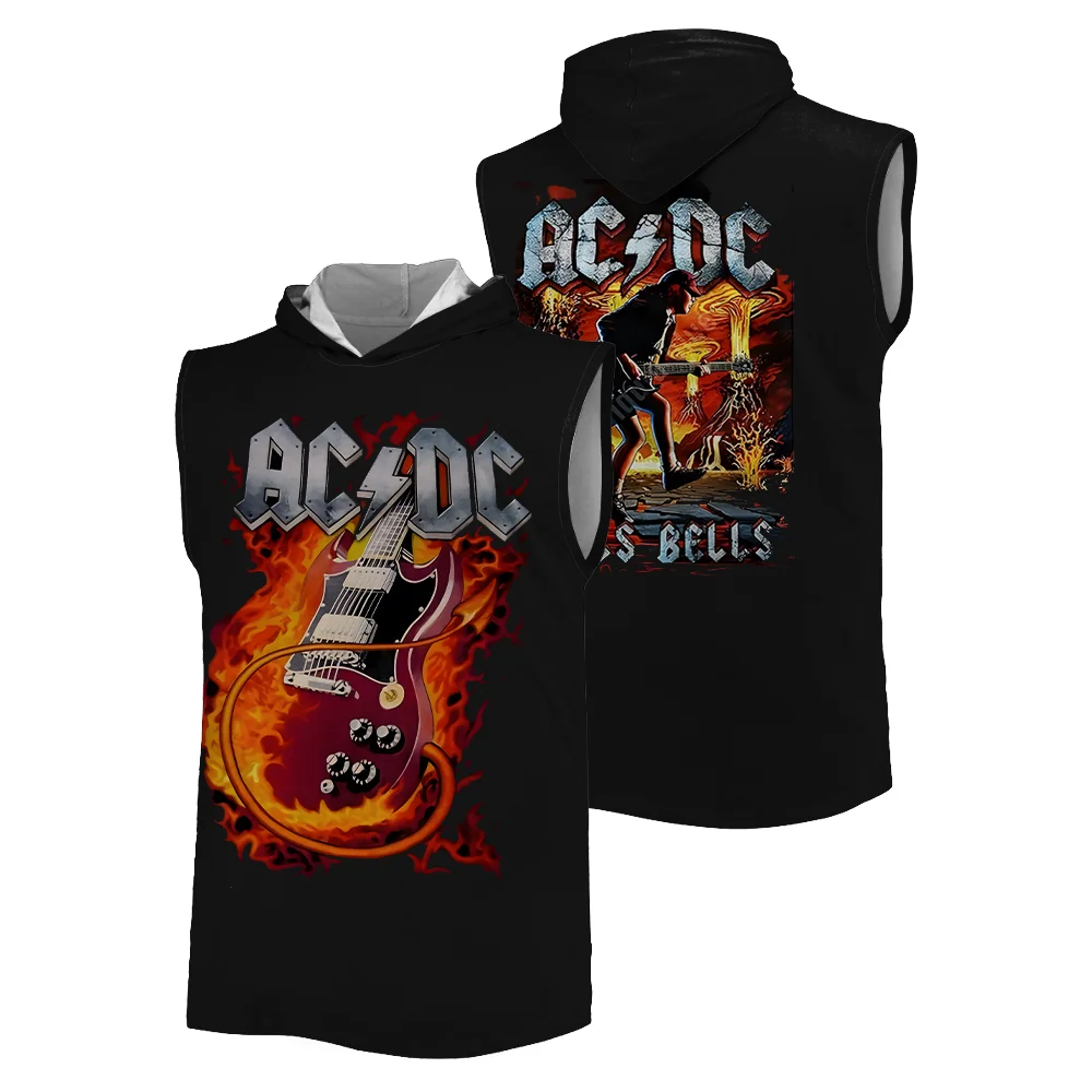 2025 Summer hot sale 3D printed sports hooded vest AC DC popular rock band Hip hop  Breathable quick-dry Retro men's tank tops