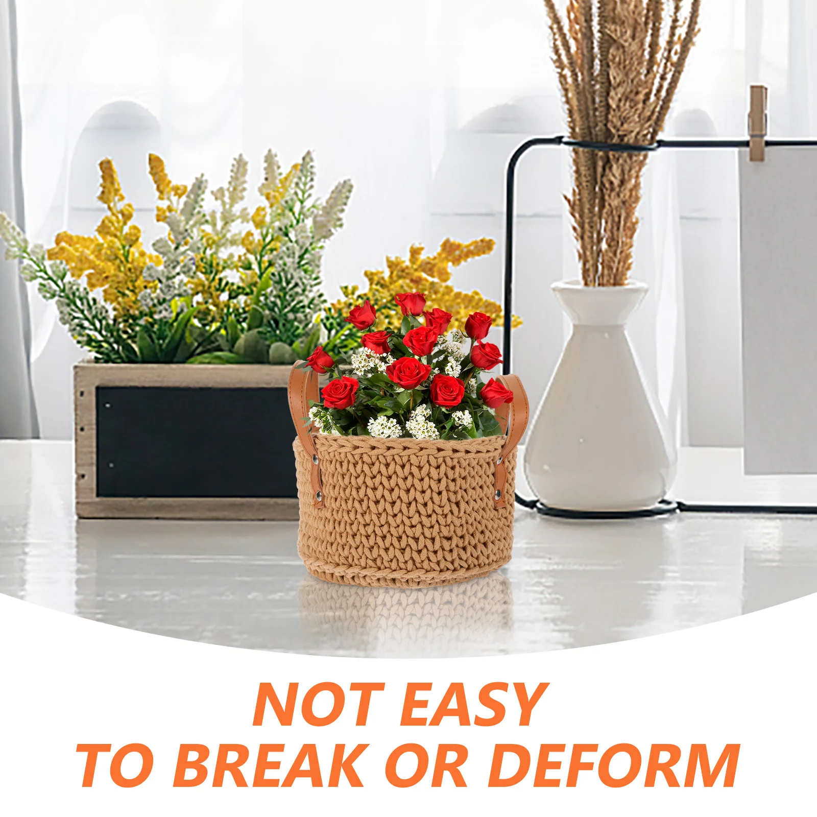 

Cotton Rope Storage Basket Woven Lightweight Desktop Organizer PU Handle Multifunctional Sundries Storage Basket for Home