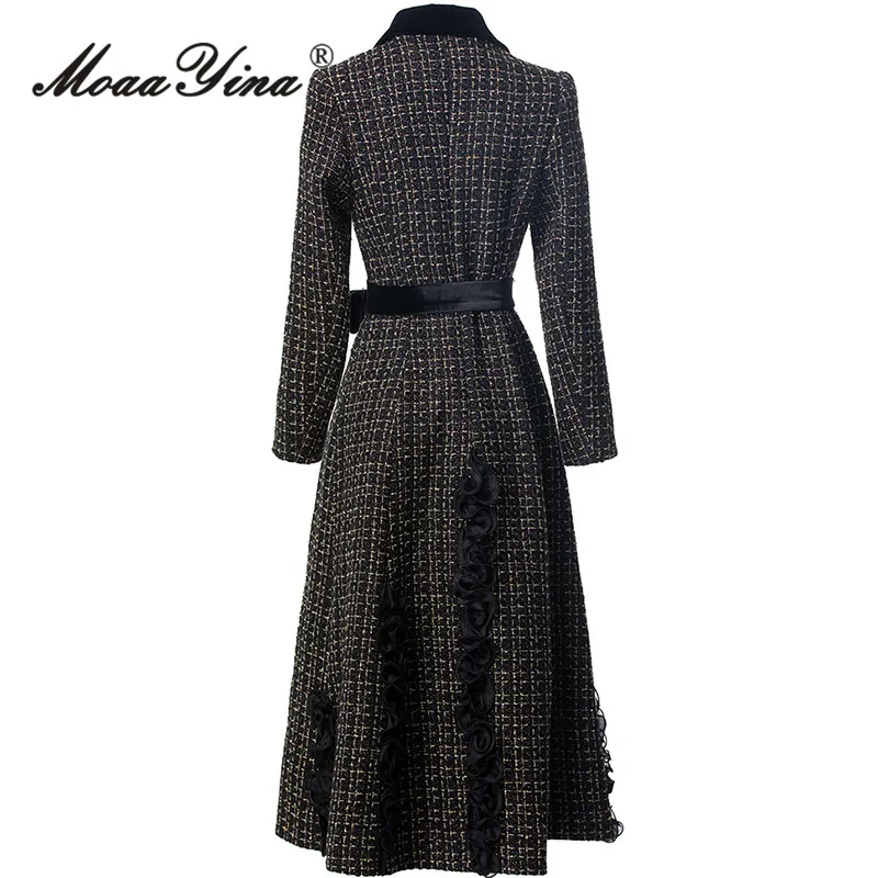 MoaaYina Winter Gray Black Coat With Grid Pattern And Double Breasted Lace Up Coat With Fungus Edge S-4XL