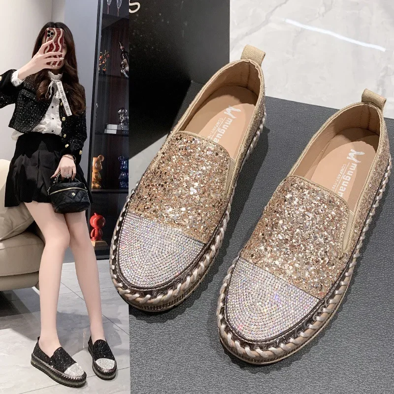 2024Z Loafers Shoe Women Spring New Water Diamond Casual Shoes Flat Vulcanized Shoes Fashion