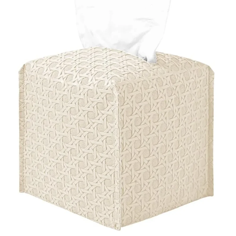PU Leather Square Tissue Box Rattan Design Large-Capacity Drawer Box Supplies Foldable Tissue Box Cover for Home, Office, Car
