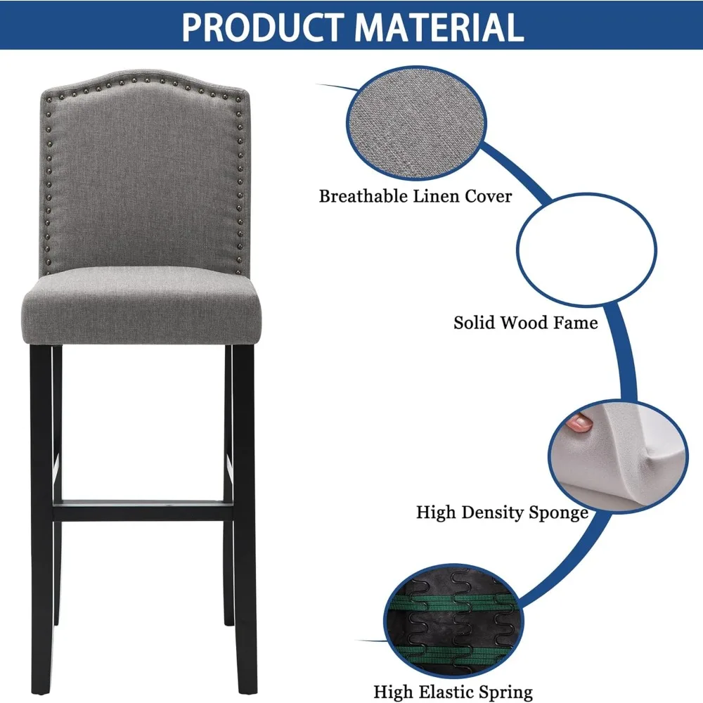 Conjunto de bancos de bar de 29 polegadas com cadeiras estofadas modernas em estrutura de madeira maciça para ilhas de cozinha com acabamento em cabeça de prego