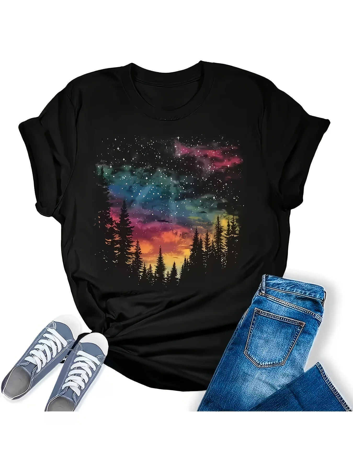 Green, Purple, Pink, Blue, Orange, Red Aurora Borealis Pattern Print, Fit Comfortably, Can Be Worn in All Seasons, Women's Casual Cotton T-shirt Suitable for Daily Commuting