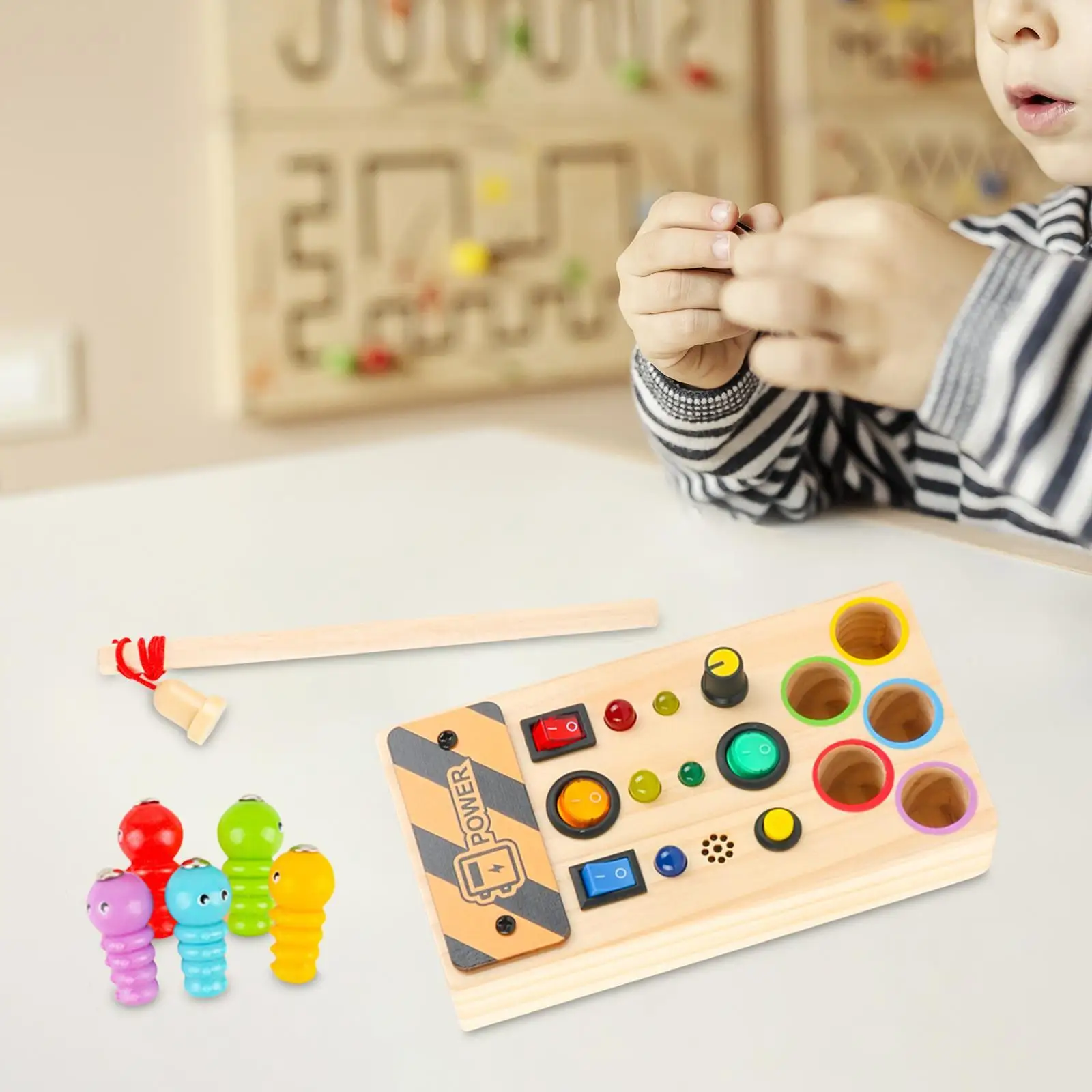 

Wooden Busy Board with LED Light with Switch Travel Toy Early Learning Educational Fine Motor Skills Switch Board Sensory Board