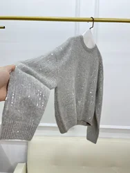 Heavy Sequin Wool Cashmere Sweater Women's Fashion Casual Short Sweater Long Sleeve Pullover Top