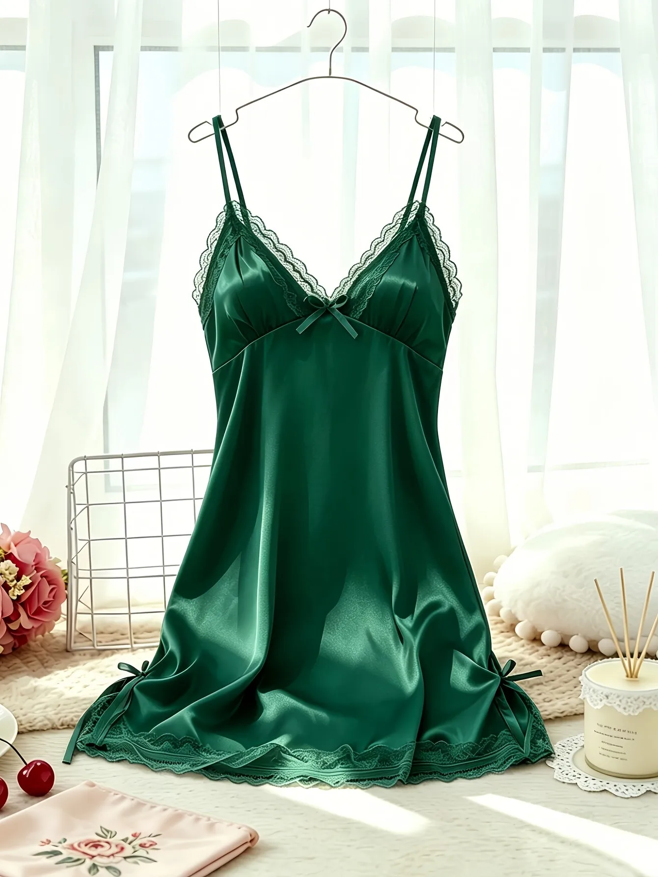Women's Satin Cami Nightdress V Neck Lace Trim Sleepwear Spaghetti Strap Slip Dress with Bow Detail Soft Home Pajama