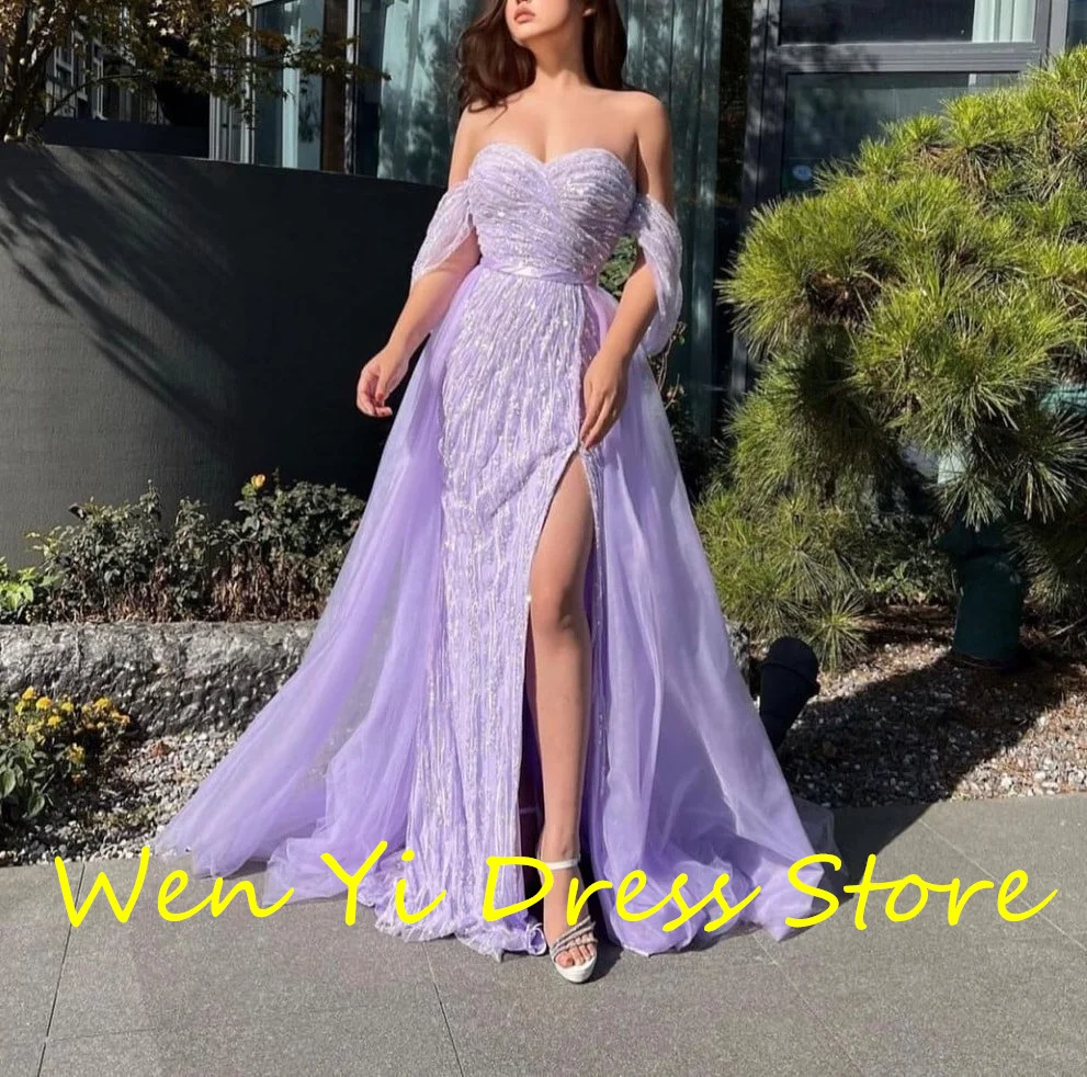 Sweetheart Pleats Sleeveless Sequined A-Line Floor Length Tulle Side Slit Zipper Back Exquisite Evening Dress Woman Custom Size