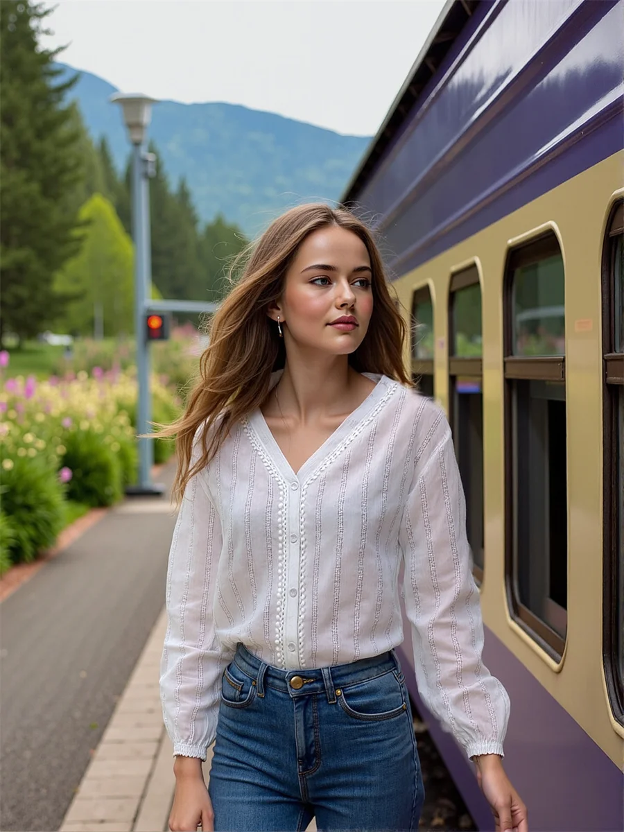 Long Lantern Sleeve Women Elegant Shirts Pearls Beading Plaid Pattern Print Button Front Casual Preppy College Simple Basic