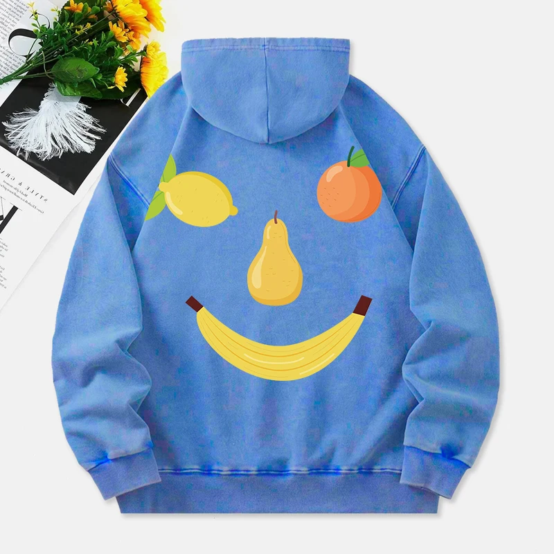 Fruit Smiling Face Washed Hoodies Women Funny Design Printing Cotton Hooded Oversize Pocket Warm Pullovers Winter Womans Clothes