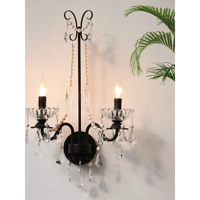 French retro crystal wall lamp, black staircase living room background wall lamp c