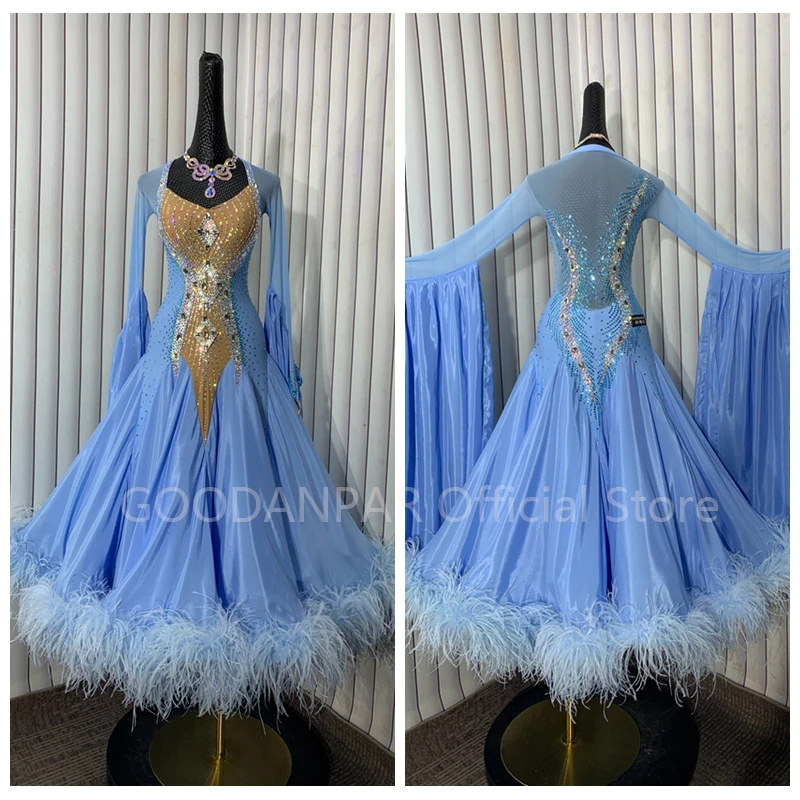 GOODANPAR  Long Sleeve New Standard Ballroom Dance Dress Women Girls Competition Costume Sleeveless Lycra with ostrich Fethers