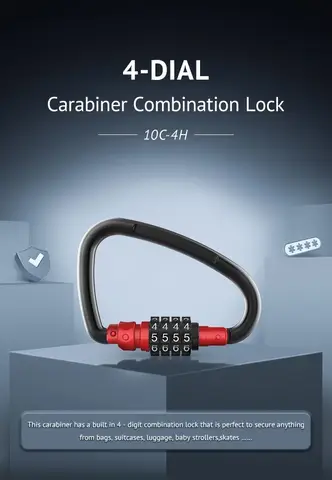 1개 조합 잠금 장치, 4자리 헤비 듀티 카라비너 ​​클립 루프형 자전거 보안 케이블 잠금 장치용 금속 D자형 코드 잠금 장치