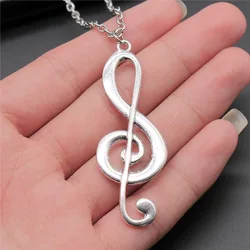 Vintage Antique Silver Plated 61x22mm Big Musical Note Pendant Necklace For Women Men Long Chain Trendy Jewelry Accessories