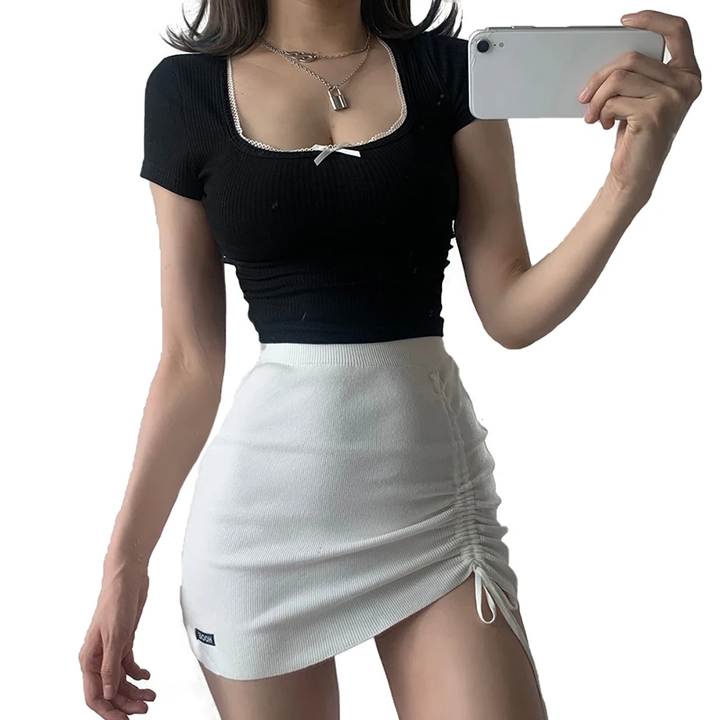 Fashion Woman Wrap Hip Mini Skirt with Shirt String Shrink Vintage Lace Casual Pleated Solid Letter Sexy Knee Lady Dress Clothes