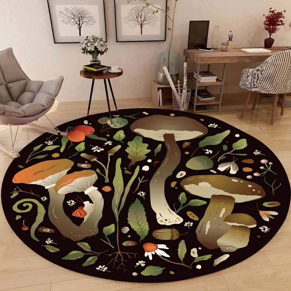 Mushroom Round Rug for Living Room Kawaii Fungus Carpet Non-Slip Wild Stuff Floor Mat for Bedroom Office Bathroom Kitchen Decor