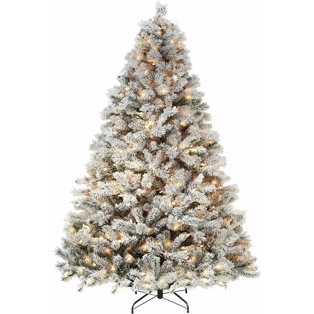 9 ft Snow Flocked Christmas Tree Artificial Christmas Tree with 2100 Tips 600 Warm White Lights Metal Stand and Hinged Branches