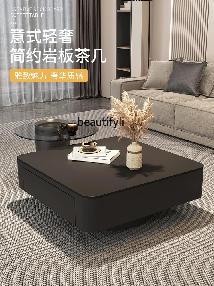 Modern Simple and Light Luxury Style Stone Plate Coffee Table Small Apartment Living Room Home Tawny Glass Tea Table Advanced