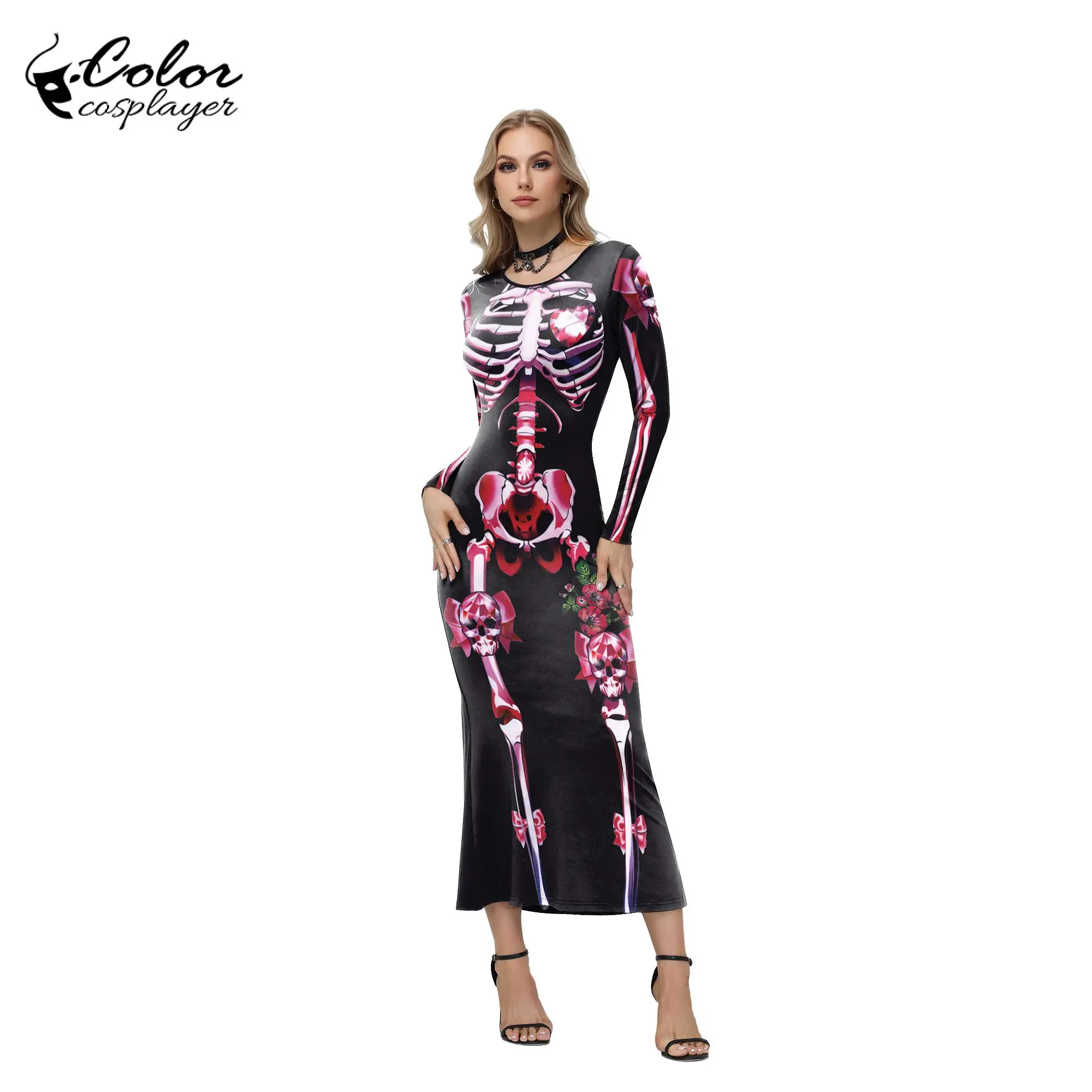 Color Cosplayer Romantic Skeleton Gown Halloween Cospaly Costume Day of The Dead Robe Pink Skull Dress Carnival Party Outfit view 2