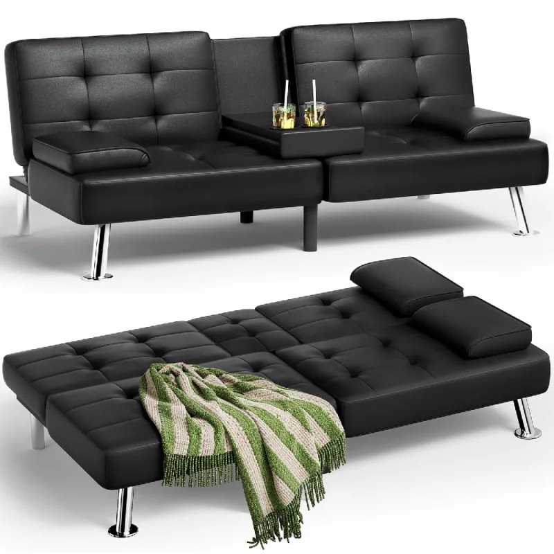 

Sofa Bed, Leather Futon Couch with Removable Armrests, Adjustable Recliner Sleeper Sofa Bed with Dual Cup Holders for Living