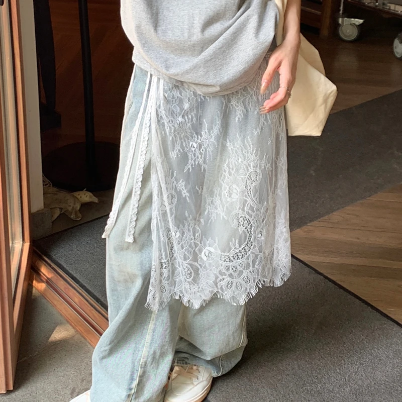 Spring And Summer Niche Design Stacked Fart Curtains For Women Lace Peplum Tie Fashion Apron Half Skirt Jeans Accessories