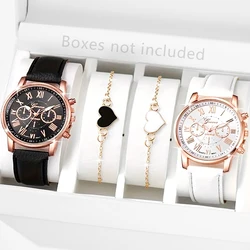 4PCS/Set Black Women Watch Fashionable Starry Sky Elements Dial Quartz Wristwatch Leather Strap Watch Jewelry Set Gift For Her