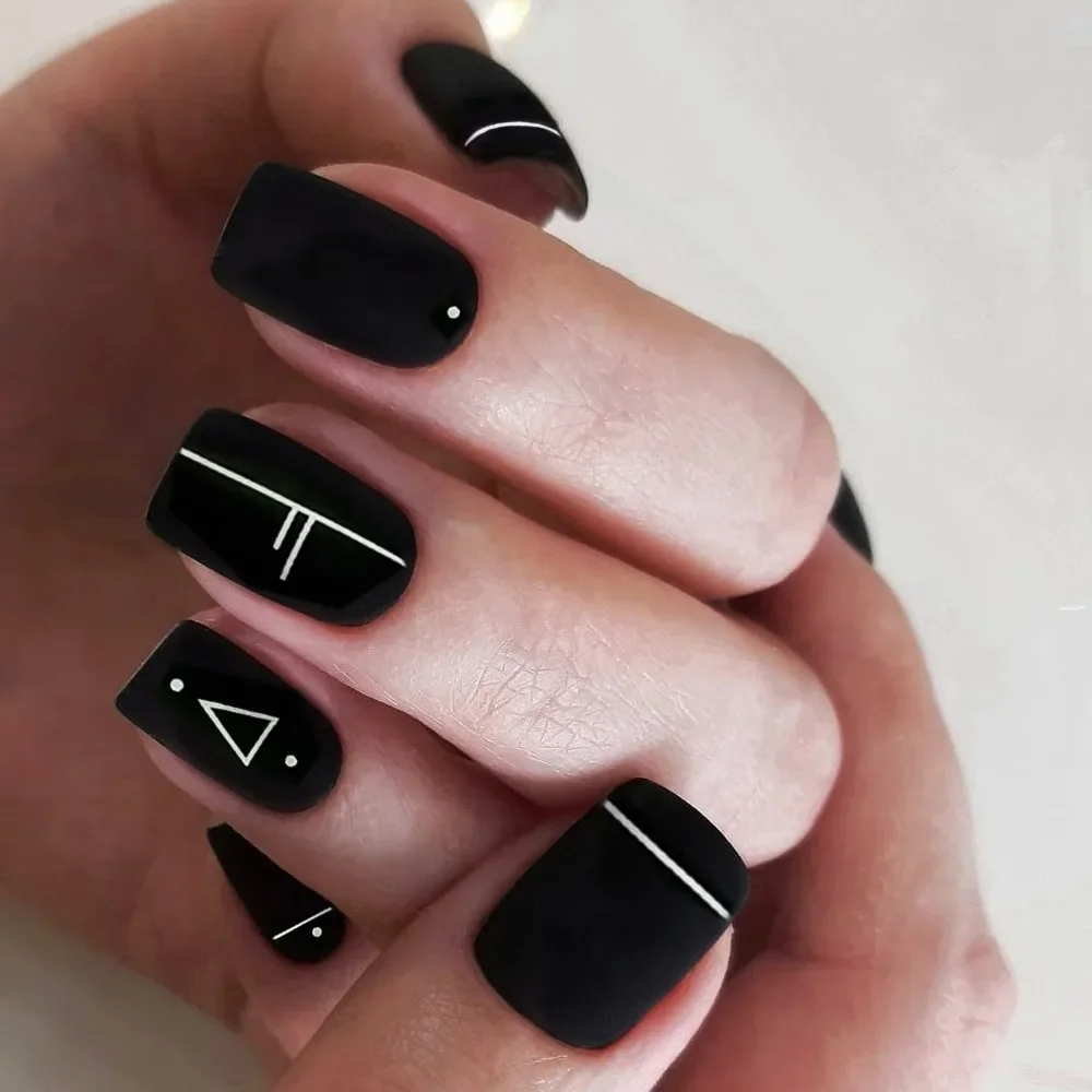 Matte Black Press On Nails Tips With Glue Artificial Short Fake Nails Coffin Shape DIY Finger Tips Manicure Tool