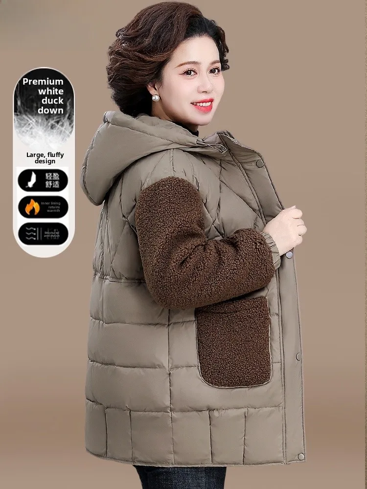 

Sli Lamb Fur Trimmed down Jaet for Middle-Aged Mothers Winter Clothes Large Size Cotton Coat Faionable Patchwork