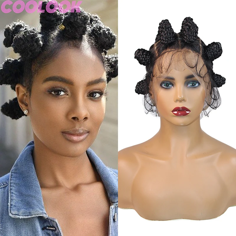 흑인 여성용 합성 풀 레이스 브레이드 가발, 매듭 없는 16 인치 반투 매듭, 사각 부분 브레이드 가발, 콘 로우 트위스트 번스 브레이드 가발