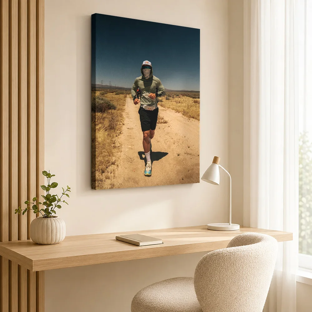 Athlete running on a desert trail Canvas Print Poster Personalized Photo Sports Portrait Wall Art for Game Room Man Cave Decor
