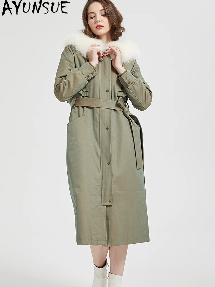 AYUNSUE Parka in pelliccia di coniglio Rex Donna 2025 Cappotti di vera pelliccia Abiti invernali Trench stile lungo Caldo collo di pelliccia di volpe П199ьто Ж брае