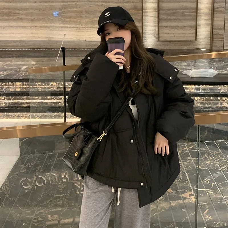 Black down cotton jacket women's winter new thick short cotton jacket loose bread jacket