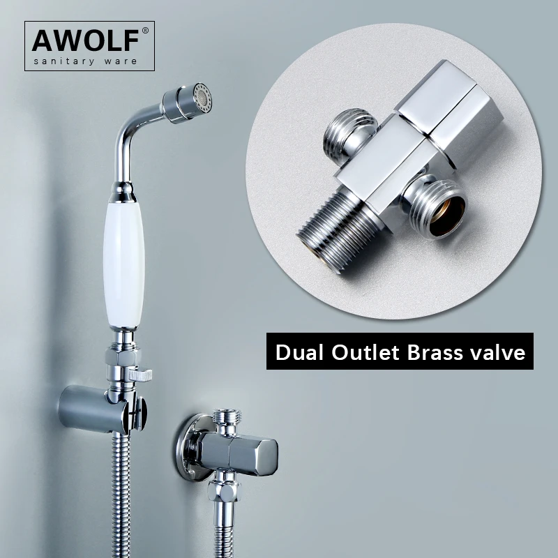 Awolf Two Function Hygienic Shower Head Chrome White Handheld Toilet Bidet Sprayer Set Solid Brass Soft Water Anal Shower AP2349