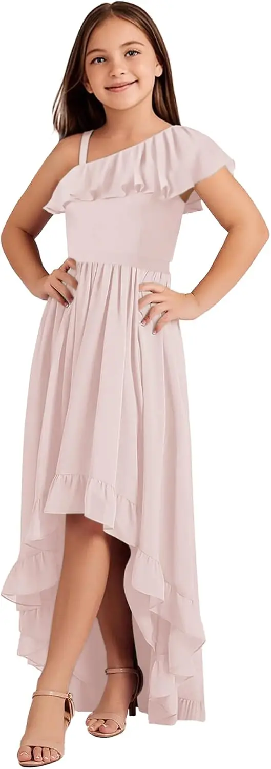 ชุดเพื่อนเจ้าสาวรุ่นจูเนียร์ทรงเอไลน์ ผ้าชีฟองแบบไฮโลว์ ชุดราตรีงานเลี้ยงยาวสำหรับเด็กผู้หญิง พร้อมดีเทลลายดอกไม้