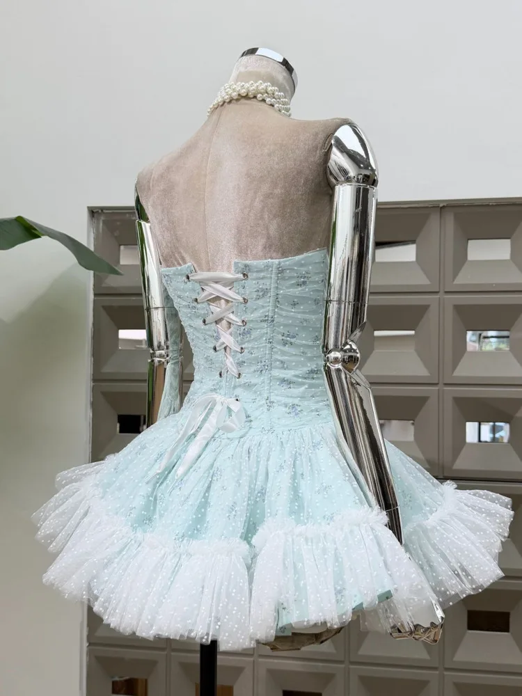 DFDG Damen-Kleid, elegantes Blumenkorsett, trägerloses Kleid, Tüllrock, Feenstil, ärmellos, A-Linie, Taille, Krawatte, 2025, Frühlings- und Sommerkleid