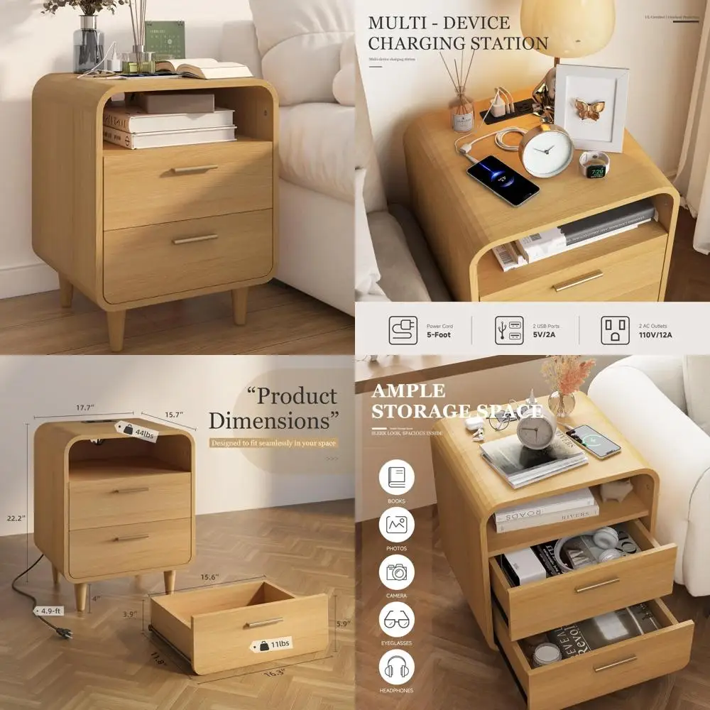 منضدة حديثة من منتصف القرن مع قاعدة شحن، وطاولة بجانب السرير ذات درجين تتميز بأرفف مفتوحة، مثالية للطاولة الجانبية والطرفية #1