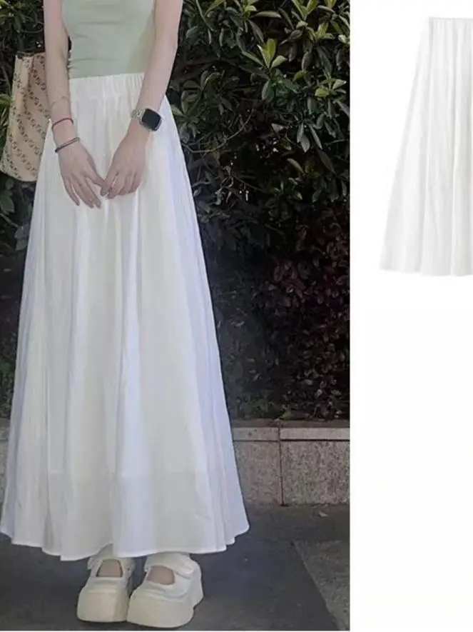 White High Waist A-Line  Skirt Casual Summer New Style Elegant Lady's Midi Skirt Loose Fit Comfortable Non-Ironed Skirt