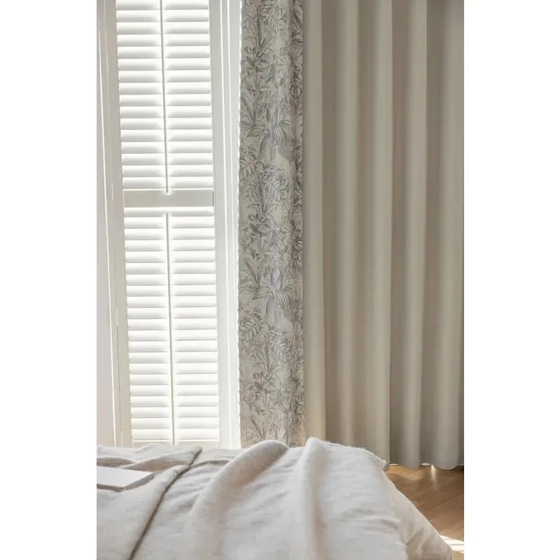 

Light Luxury Cotton and Linen Blended Curtains for Living Dining Protection Advanced Fabric Full Blackout Curtain White Tulle