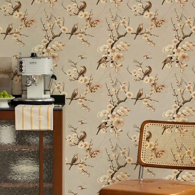 Vintage Chinese Plum Blossom Bird Wallpaper Self Adhesive Floral Sparrow Removable Bedroom Contact Paper Waterproof Wall Sticker