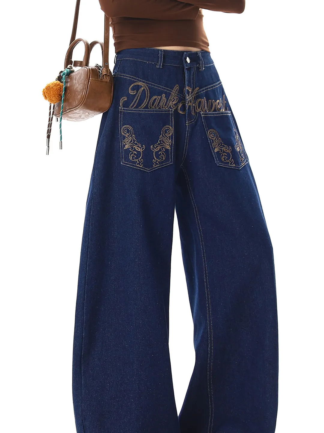 Calça Jeans Unissex Retrô Americana Lavada com Bordado de Asas e Faca, Casual, Solta, Perna Larga, Marca da Moda