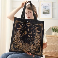 Stylish Moon, Stars & Kitten Print Tote Bag – Black with Golden Accents, Floral and Celestial Design
