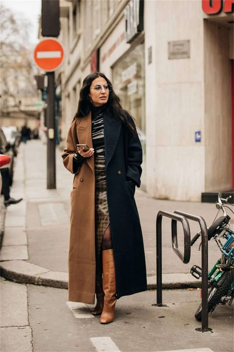 Chaqueta larga de Invierno para mujer, Blazer de lana y Cachemira, empalme de Color marrón y negro, abrigo grueso hecho a medida, traje femenino