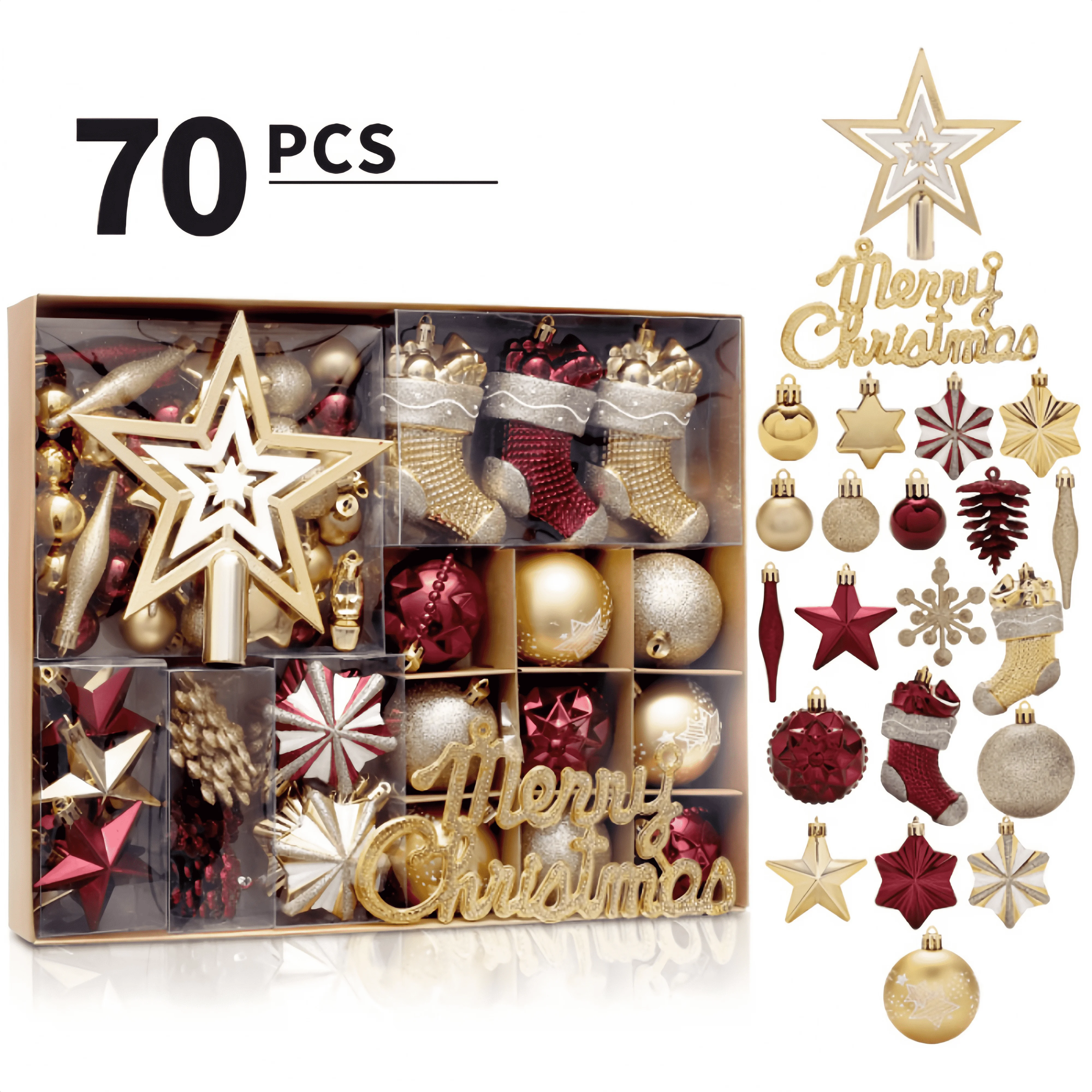 

70 шт. набор рождественских украшений, шарики разных размеров со звездами, носки, скипетры для декора рождественской елки, праздничные украшения и подарки своими руками